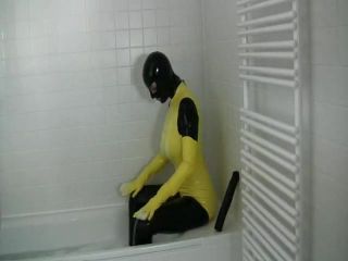 Hole Girl in yellow spandex uniform has orgasm in bathroom Foot Worship