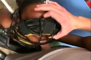 Students Ebony Model in Mask Gives Dripping Blowjob Teasing