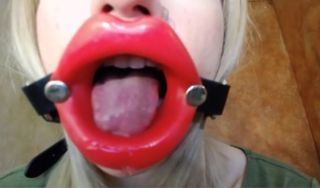 Latina Zooming in red lips open mouth gag for dildo-blowjob. Masturbation